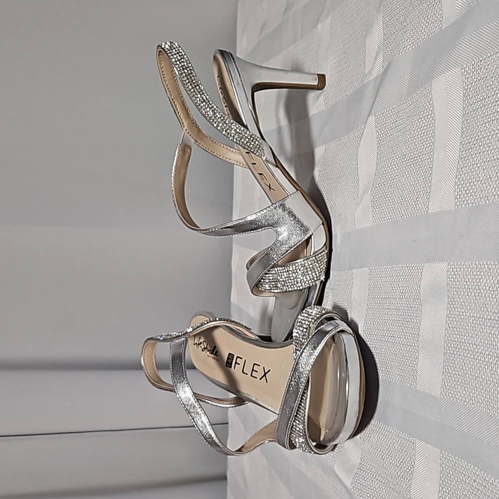 LifeStride Mia Glitz Silver Dress Sandals/heels with Rhinestones 7.5W
